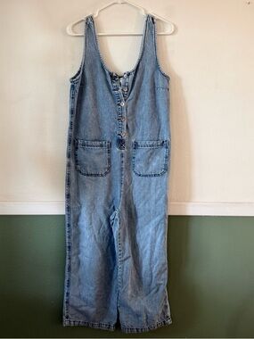 Happily Grey Light Wash Wide Leg Denim Button-Front Jumpsuit